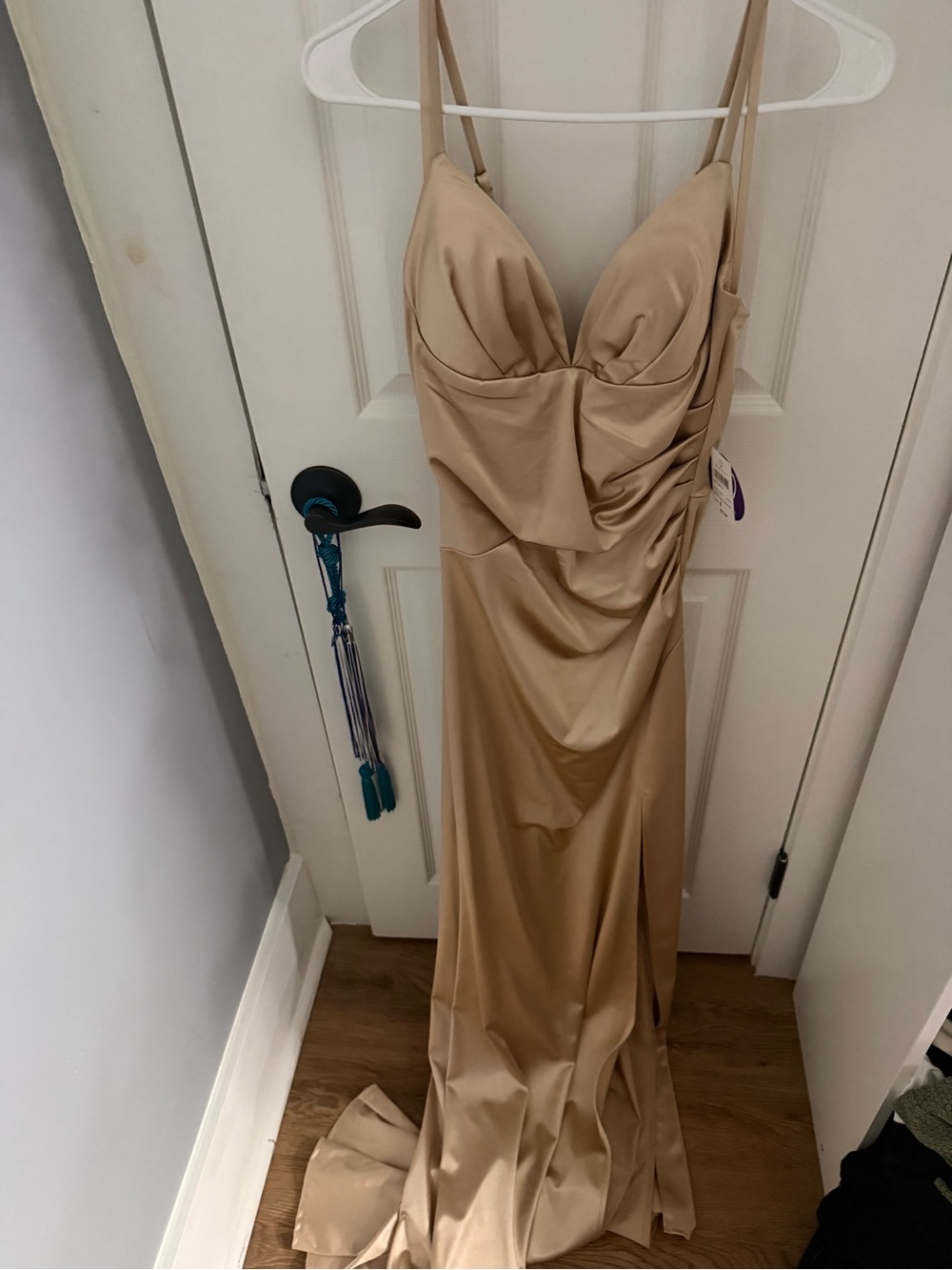 Beige Satin Evening Gown with Draped Detail